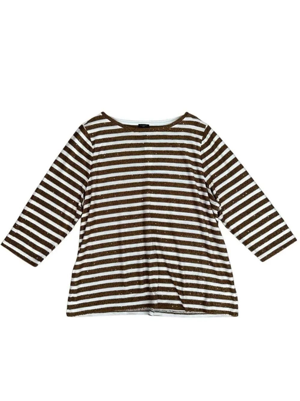 NWT Talbots Plus Size 3X Sequins Brown Striped Sweater Blouse Top 3/4 Sleeves